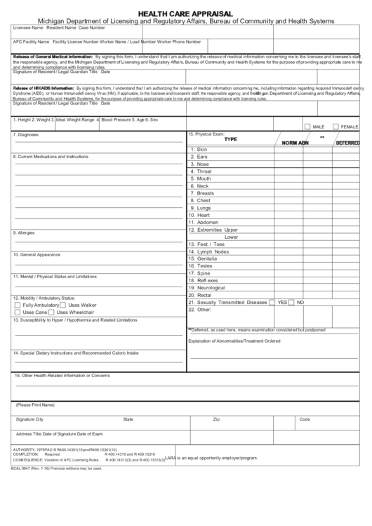 Fillable Michigan Health Care Appraisal Printable pdf