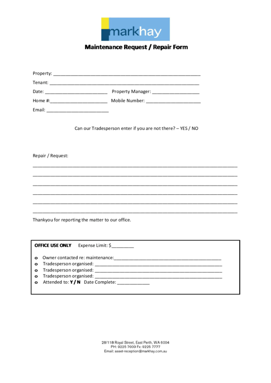Maintenance Request Repair Form Printable pdf