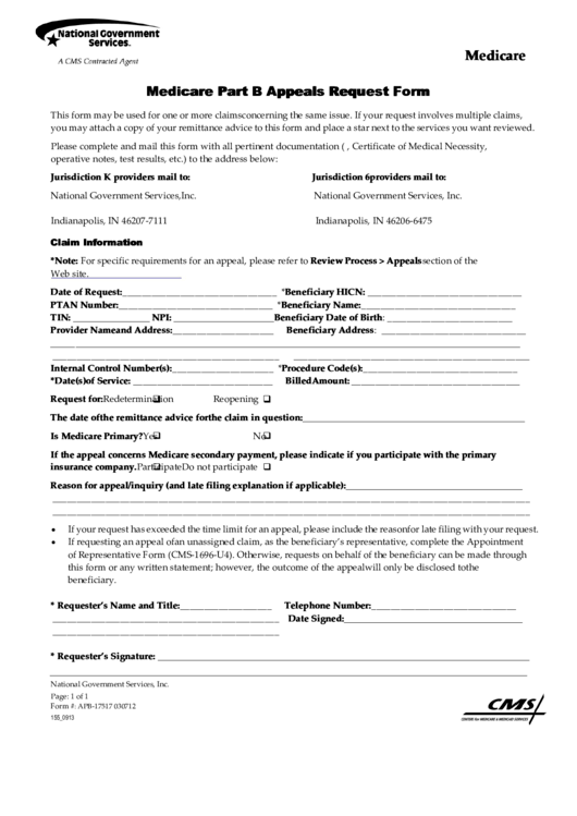 Medicare Part B - Appeals Request Form Printable pdf