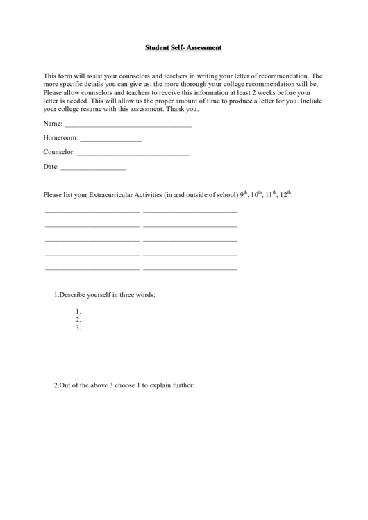 Student Self Assessment Printable pdf