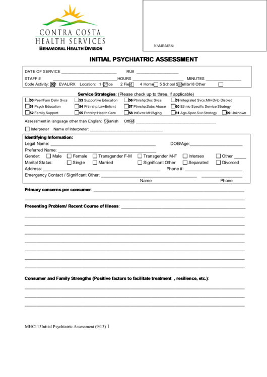 Initial Psychiatric Assessment Printable Pdf Download