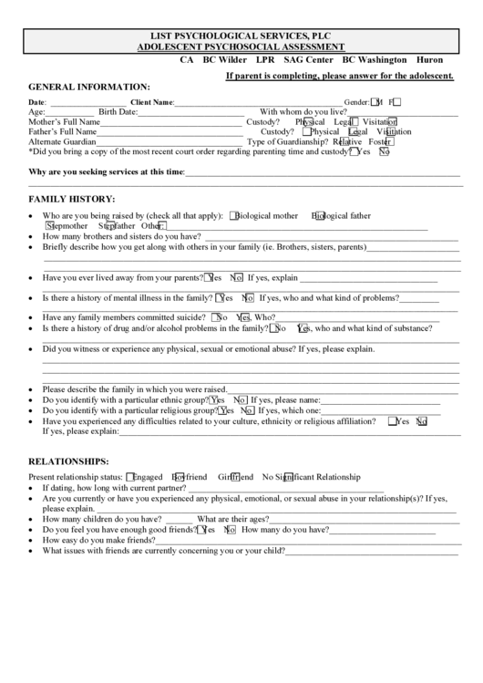 Adolescent Psychosocial Assessment printable pdf download