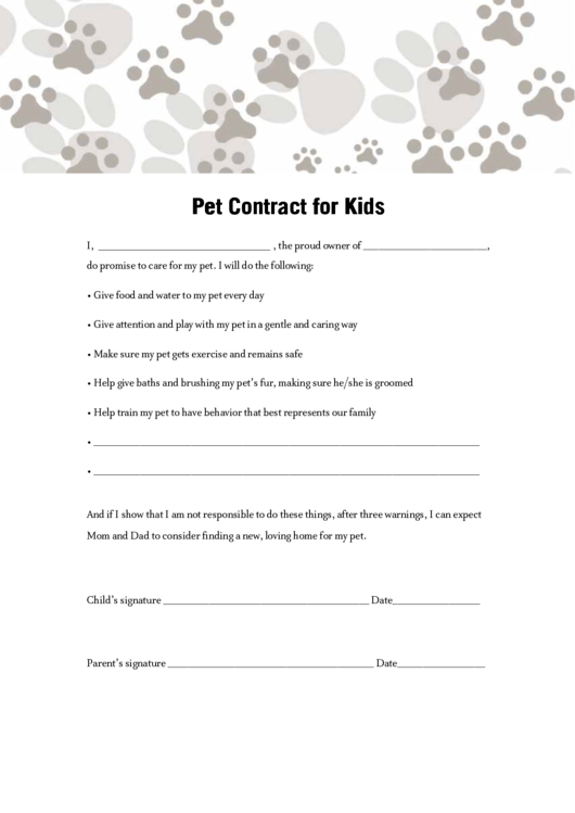 Pet Contract For Kids Printable pdf