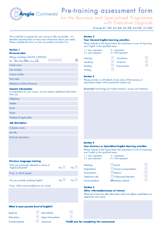 Pre-Training Assessment Form Printable pdf