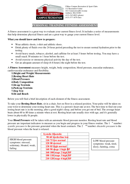 Personal Training Fitness Assessment Printable pdf