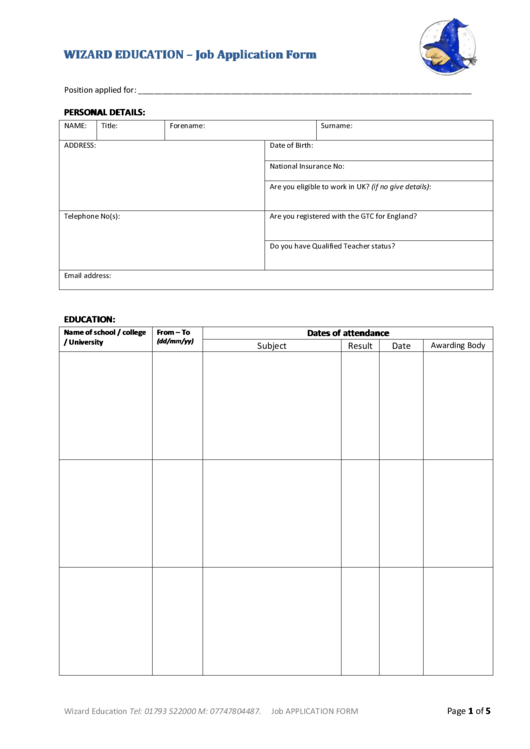 Wizard Education - Job Application Form Printable pdf