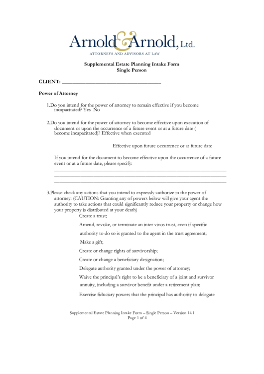 Fillable Supplemental Estate Planning Intake Form Single Person Printable pdf