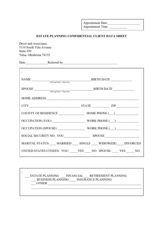 Fillable Estate Planning Confidential Client Data Sheet Form Printable pdf
