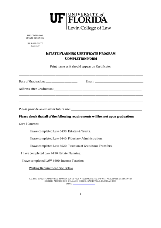 Fillable Estate Planning Certificate Program Completion Form Printable pdf