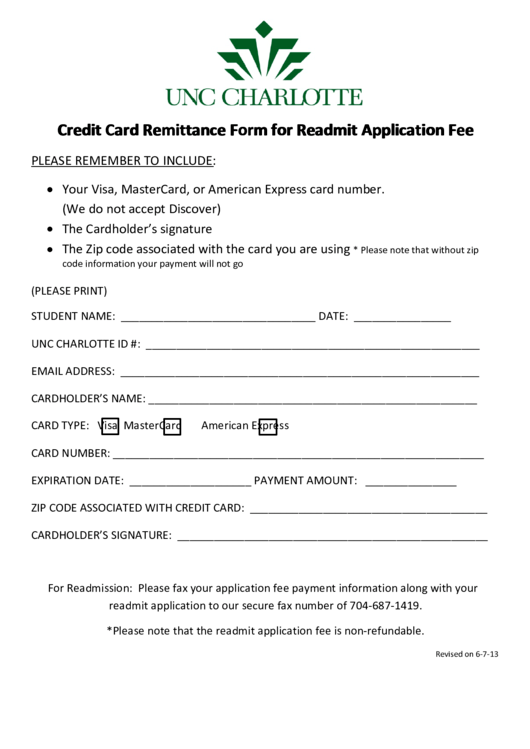 Credit Card Remittance Form For Readmit Application Fee Printable pdf