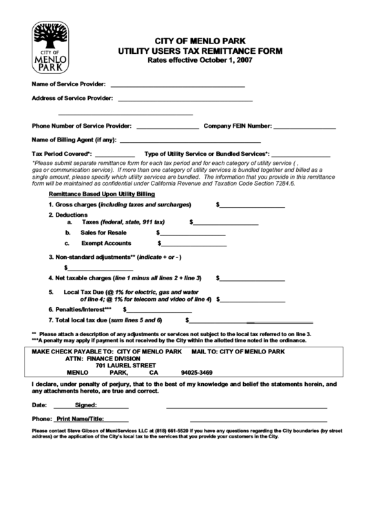 City Of Menlo Park Utility Users Tax Remittance Form printable pdf download