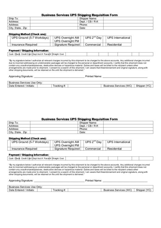 Business Services Ups Shipping Requisition Form Printable pdf