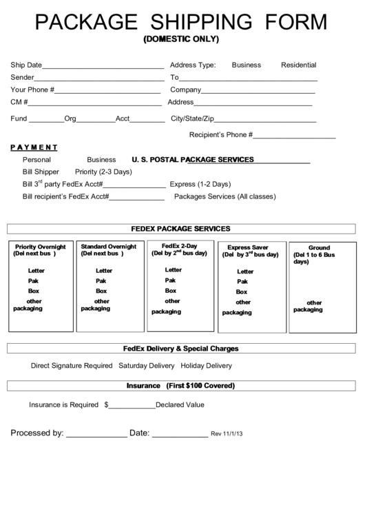 Fillable Package Shipping Form Printable pdf