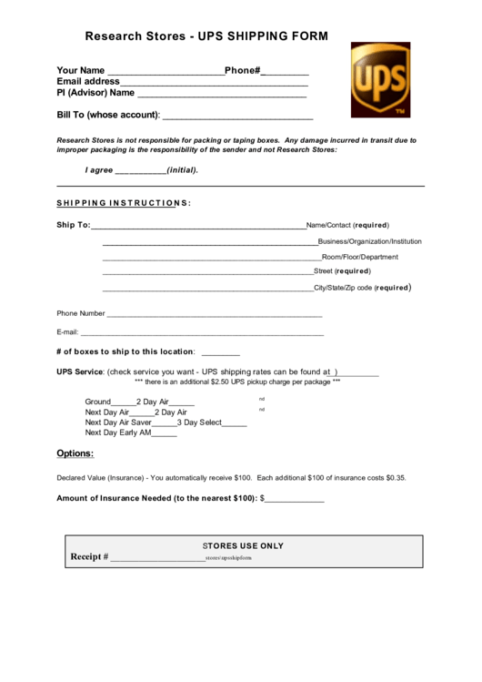 Research Stores - Ups Shipping Form Printable pdf