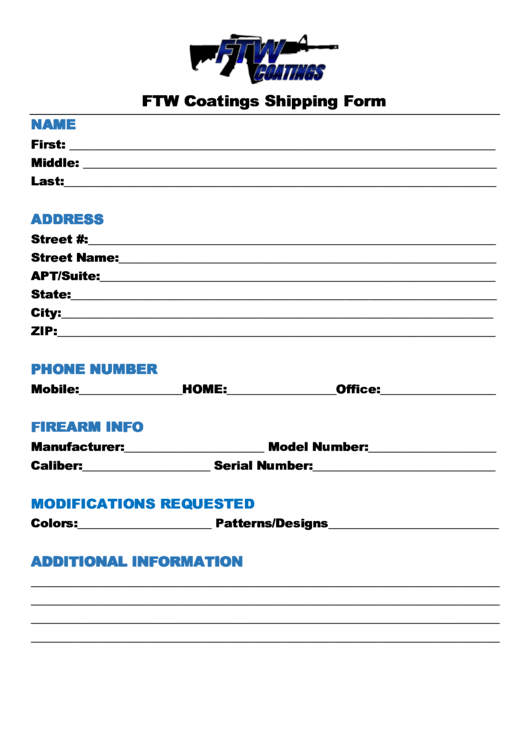 Ftw Coatings Shipping Form Printable pdf