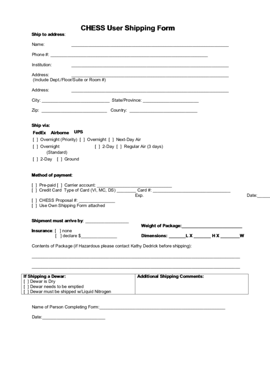 Chess User Shipping Form Printable pdf
