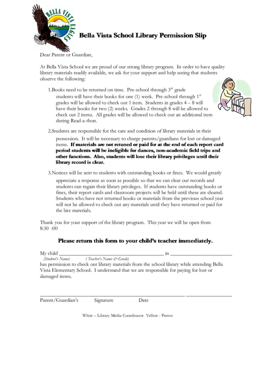 Bella Vista School Library Permission Slip Printable pdf