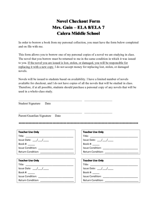 Novel Checkout Form Mrs. Guin - Ela 8/ela 7 Calera Middle School Printable pdf