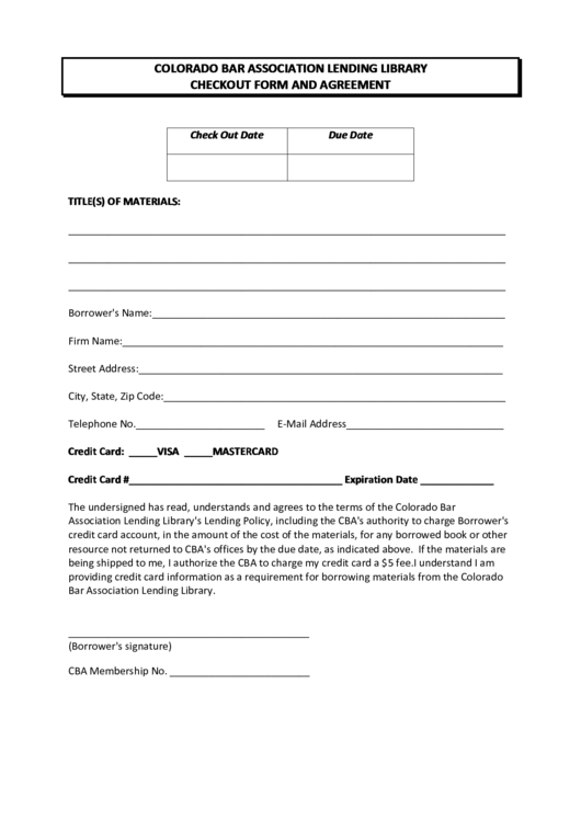 Colorado Bar Association Lending Library Checkout Form And Agreement Printable pdf