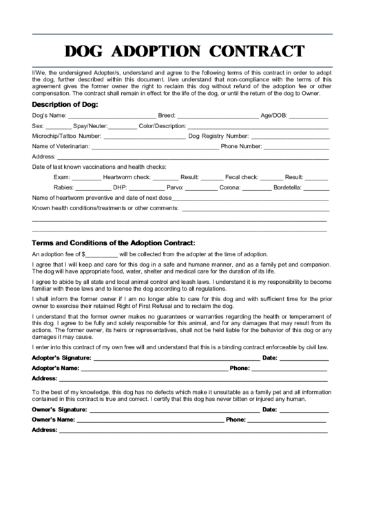 Dog Adoption Contract printable pdf download