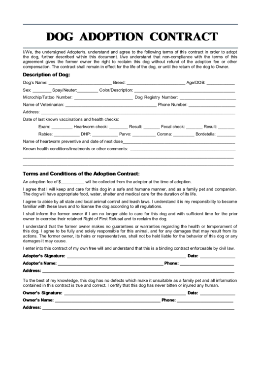 Dog Adoption Contract Printable Pdf Download