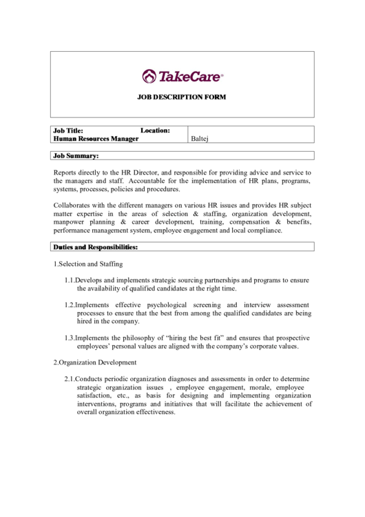 Job Description Form Takecare Printable pdf