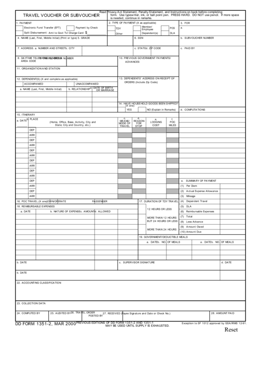 Fillable Dd Form 1351-2 - Travel Voucher Or Subvoucher printable pdf ...