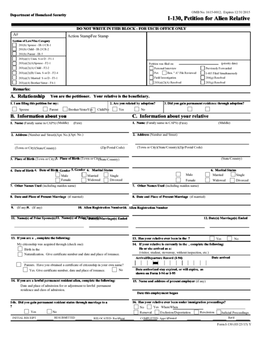 Fillable Uscic Form 1-130 - Petition For Alien Relative Printable pdf