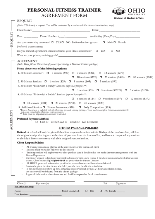 Personal Fitness Trainer Agreement Form Printable pdf