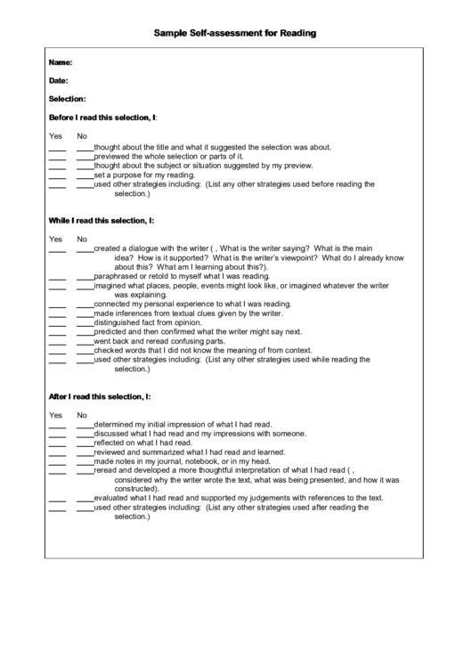 Sample Self-Assessment For Reading Printable pdf