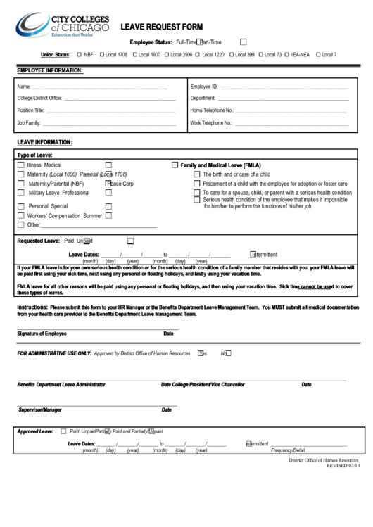 Fillable Leave Request Form - City Colleges Of Chicago Printable pdf