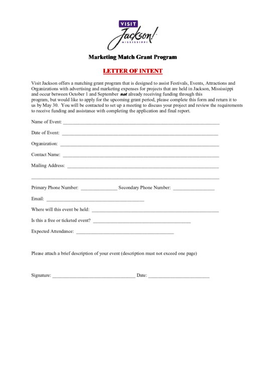 Marketing Match Grant Program Letter Of Intent Printable pdf