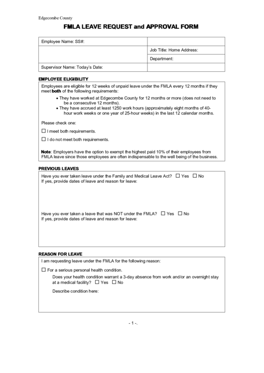 Fmla Leave Request And Approval Form - Edgecombe County Printable pdf