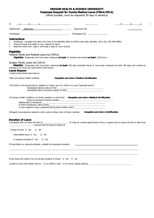 Oregon Health & Science University Employee Request For Family Medical Leave (Fmla/ofla) Printable pdf