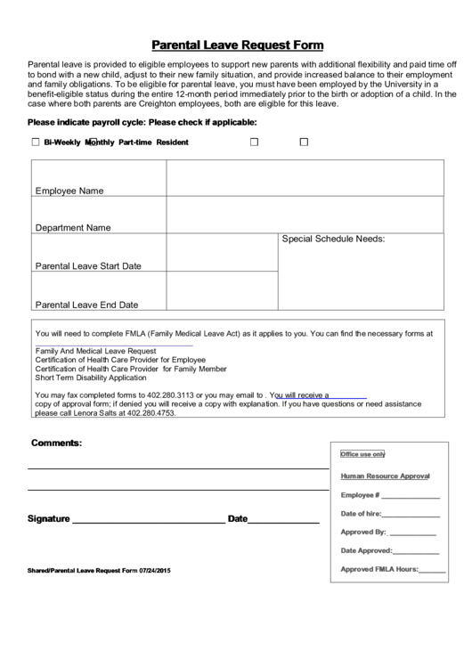Fillable Parental Leave Request Form Printable pdf