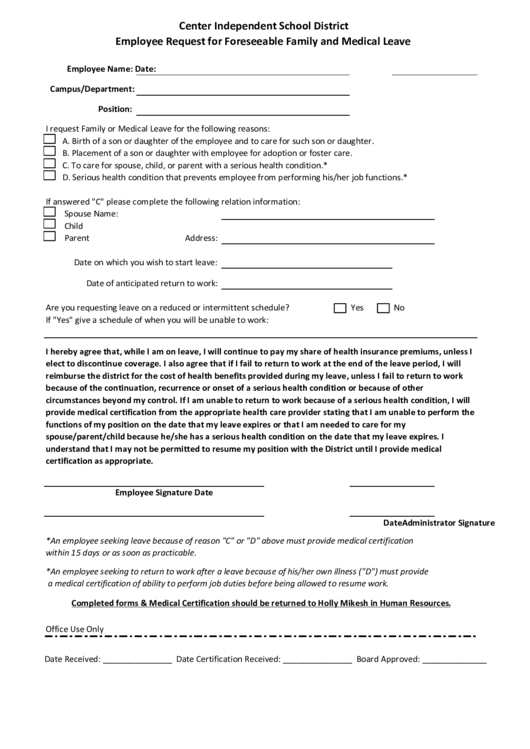 Center Independent School District Employee Request For Foreseeable Family And Medical Leave