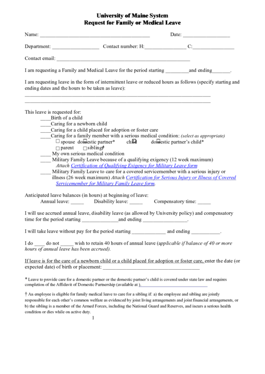 University Of Maine System Request For Family Or Medical Leave Form Printable pdf