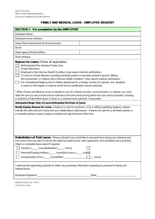Fillable Family And Medical Leave - Employee Request - State Of Wisconsin Office Of State Employment Relations Printable pdf