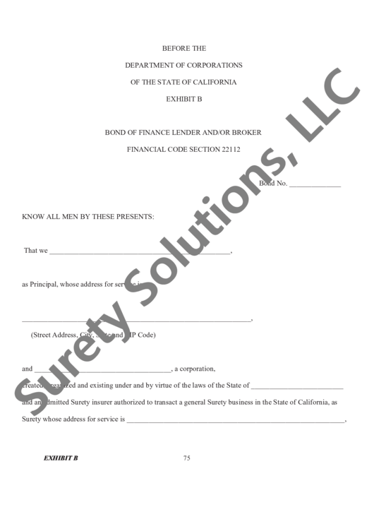 Fillable Bond Of Finance Lender And/or Broker Financial Code Section 22112 Printable pdf