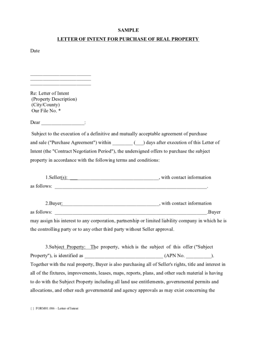 Letter Of Intent For Purchase Of Real Property Printable pdf