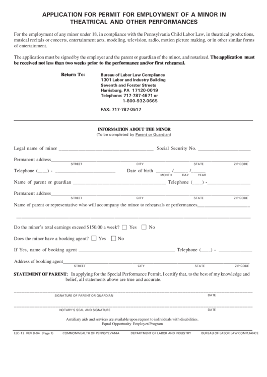 Llc-12 - Application For Permit For Employment Of A Minor In Theatrical And Other Performances Printable pdf