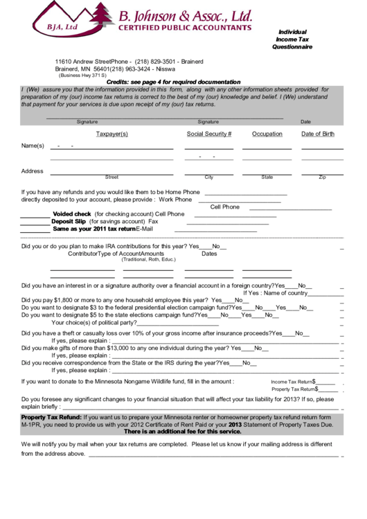 Individual Income Tax Questionnaire Printable pdf