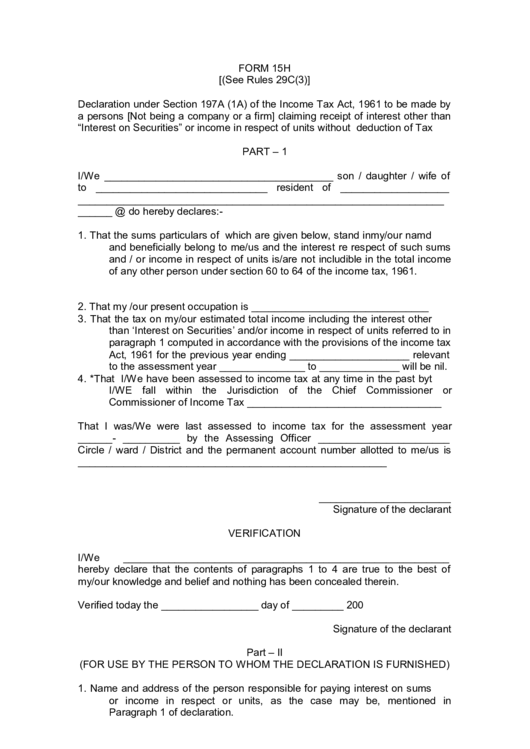 Form No. 15h - Declaration Under Section 197a (1a) Of The Income Tax Act, 1961 To Be Made By A Persons Claiming Receipt Of Interest Other Than "Interest On Securities" Or Income In Respect Of Units Without Deduction Of Tax Printable pdf