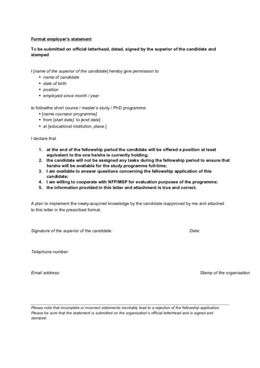 Fellowship Employers Statement Printable pdf