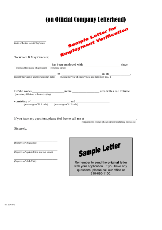 Sample Letter For Employment Verification Printable pdf