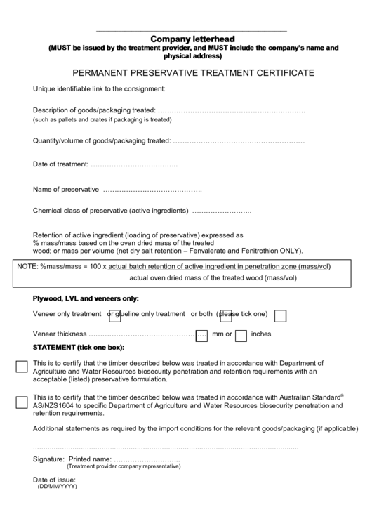 Permanent Preservative Treatment Certificate Printable pdf