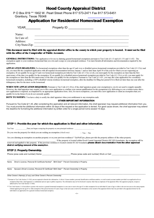 Application For Residential Homestead Exemption - Hood County Appraisal District Printable pdf