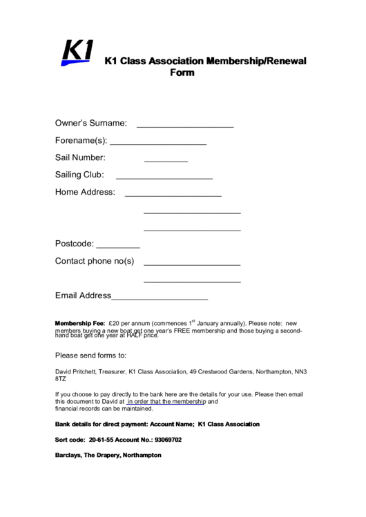 K1 Class Association Membership/renewal Form Printable pdf