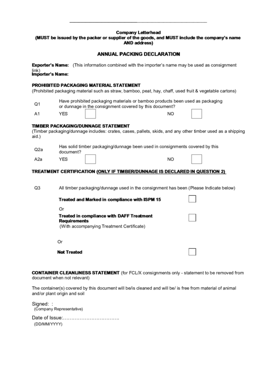 Annual Packing Declaration Form Printable pdf