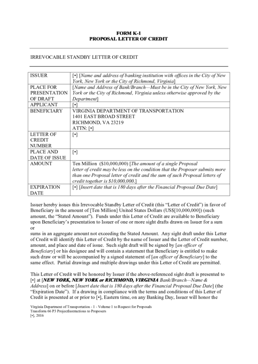 Form K-1 - Proposal Letter Of Credit/form K-2 - Financial Close Letter Of Credit Printable pdf
